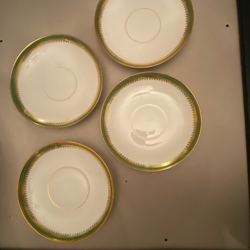 D & C Limoges Elegant Gold and Green Rimmed Porcelain Saucer Set